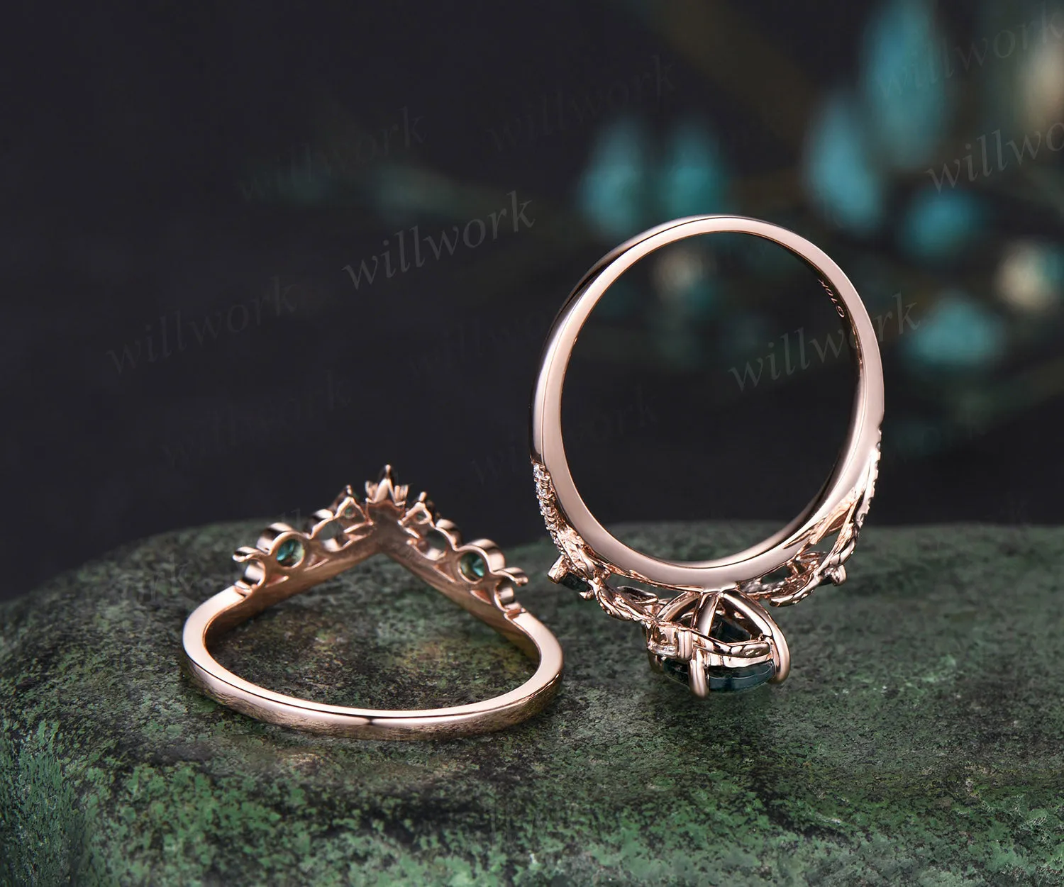 Unique Oval natural moss agate Engagement Ring Set emerald Moon Leaf Nature Inspired Ring Art Deco 2pcs wedding Ring Set Women sold by Willwork Jewelry product image thumbnail 5