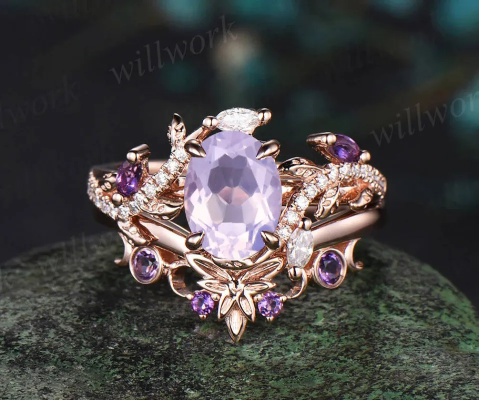 Unique Oval Cut Lavender Amethyst Engagement Ring Set February Birthstone Moon Leaf Nature Inspired Ring Art Deco 2pcs Bridal Ring Set Women sold by Willwork Jewelry