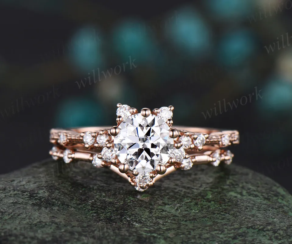 1ct round cut IGI Lab grown diamond engagement ring set stacking snowflake cluster diamond bridal ring set women sold by Willwork Jewelry
