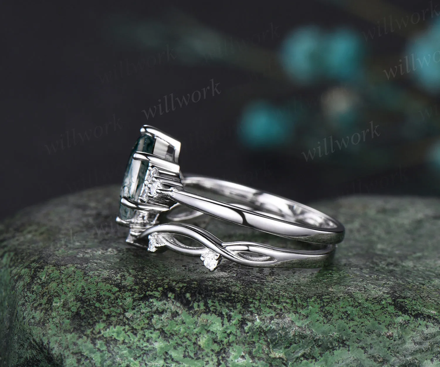 Retro Long hexagon Moss Agate Ring Vintage white gold Ring Set Unique Agate Engagement Ring Women Promise Ring Anniversary Gift sold by Willwork Jewelry product image thumbnail 4