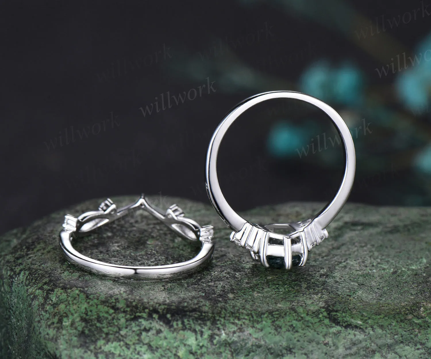 Retro Long hexagon Moss Agate Ring Vintage white gold Ring Set Unique Agate Engagement Ring Women Promise Ring Anniversary Gift sold by Willwork Jewelry product image thumbnail 5