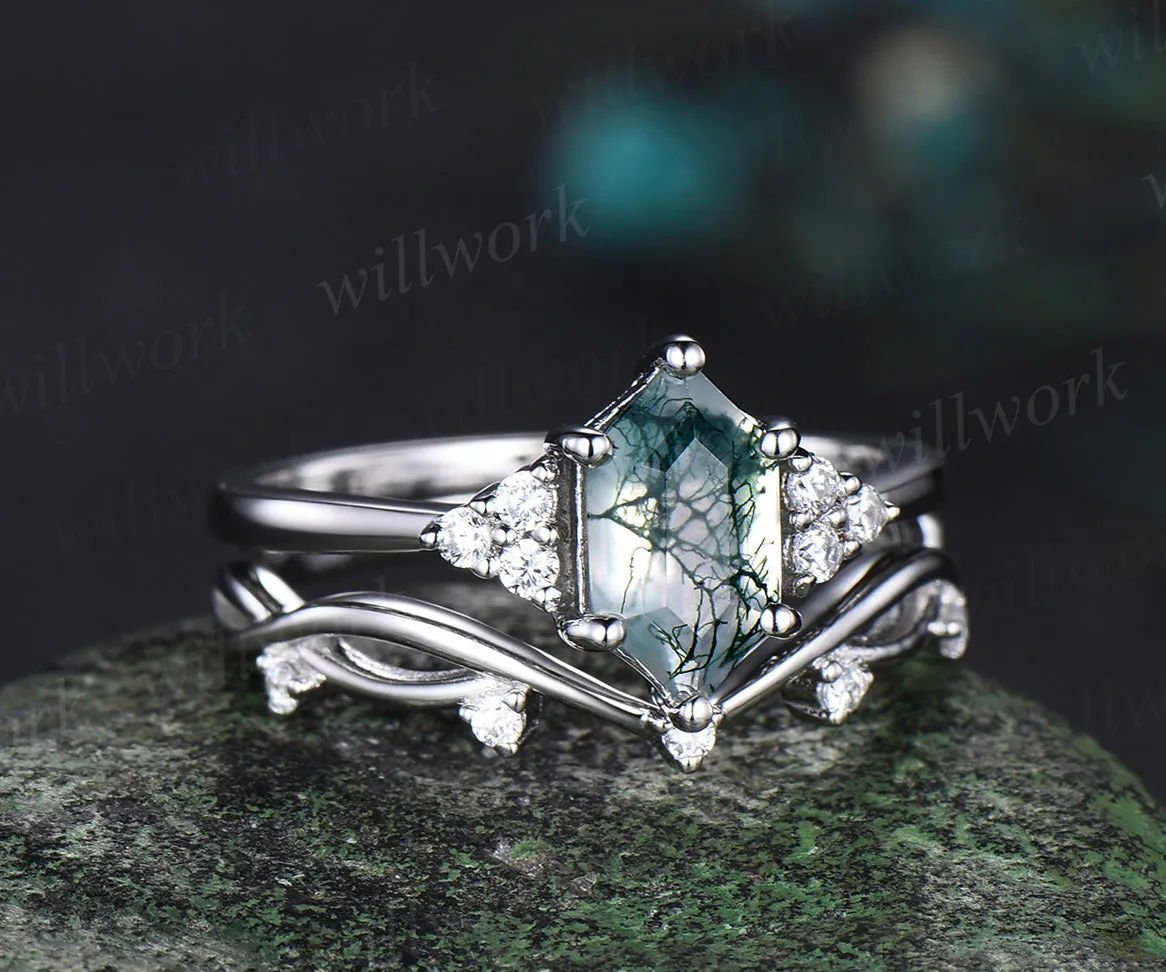 Retro Long hexagon Moss Agate Ring Vintage white gold Ring Set Unique Agate Engagement Ring Women Promise Ring Anniversary Gift sold by Willwork Jewelry product image thumbnail 2