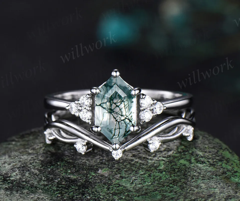 Retro Long hexagon Moss Agate Ring Vintage white gold Ring Set Unique Agate Engagement Ring Women Promise Ring Anniversary Gift sold by Willwork Jewelry