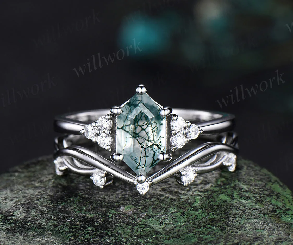 Retro Long hexagon Moss Agate Ring Vintage white gold Ring Set Unique Agate Engagement Ring Women Promise Ring Anniversary Gift sold by Willwork Jewelry