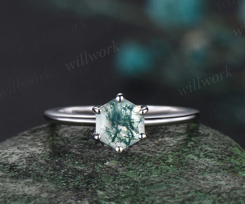 Hexagon cut natural moss agate Solitaire engagement ring women 6 prong Minimalist solid 14k 18k wedding ring gift made by Willwork Jewelry
