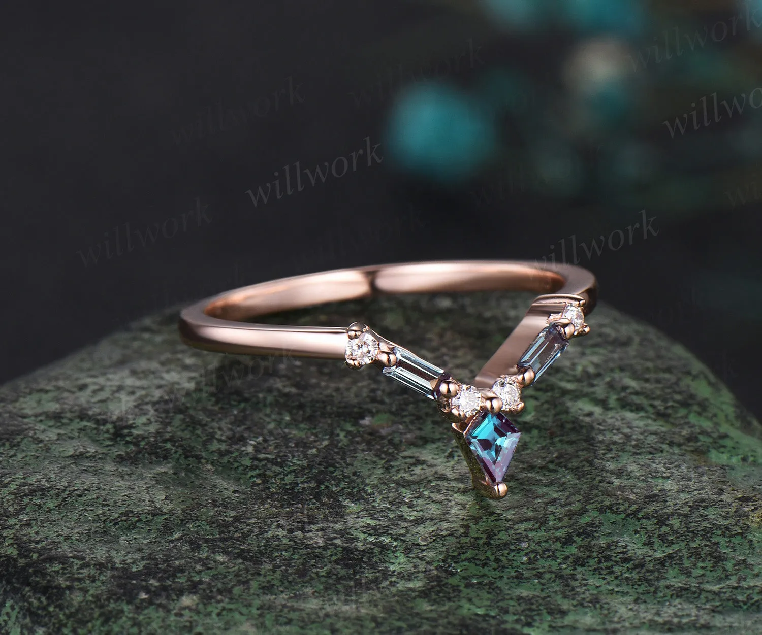 Kite Baguette cut alexandrite wedding band solid 14k rose gold stacking matching diamond band women anniversary gift sold by Willwork Jewelry product image thumbnail 3