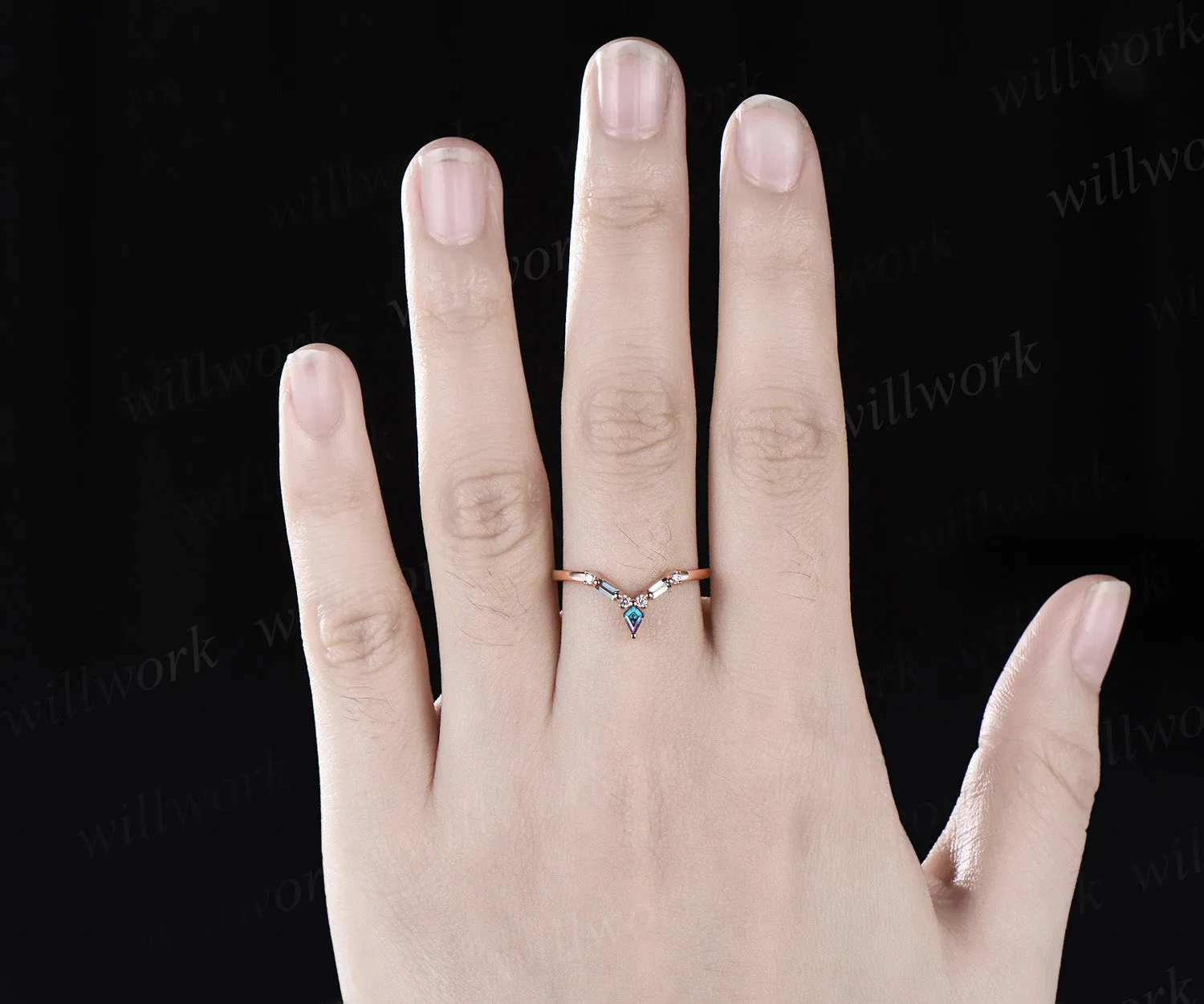 Kite Baguette cut alexandrite wedding band solid 14k rose gold stacking matching diamond band women anniversary gift sold by Willwork Jewelry product image thumbnail 2