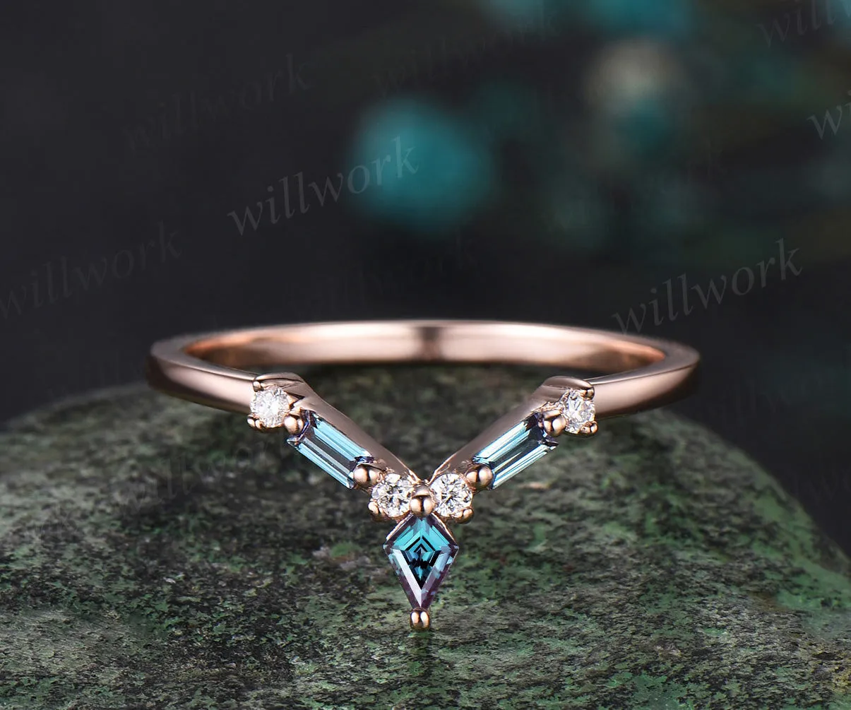 Kite Baguette cut alexandrite wedding band solid 14k rose gold stacking matching diamond band women anniversary gift sold by Willwork Jewelry