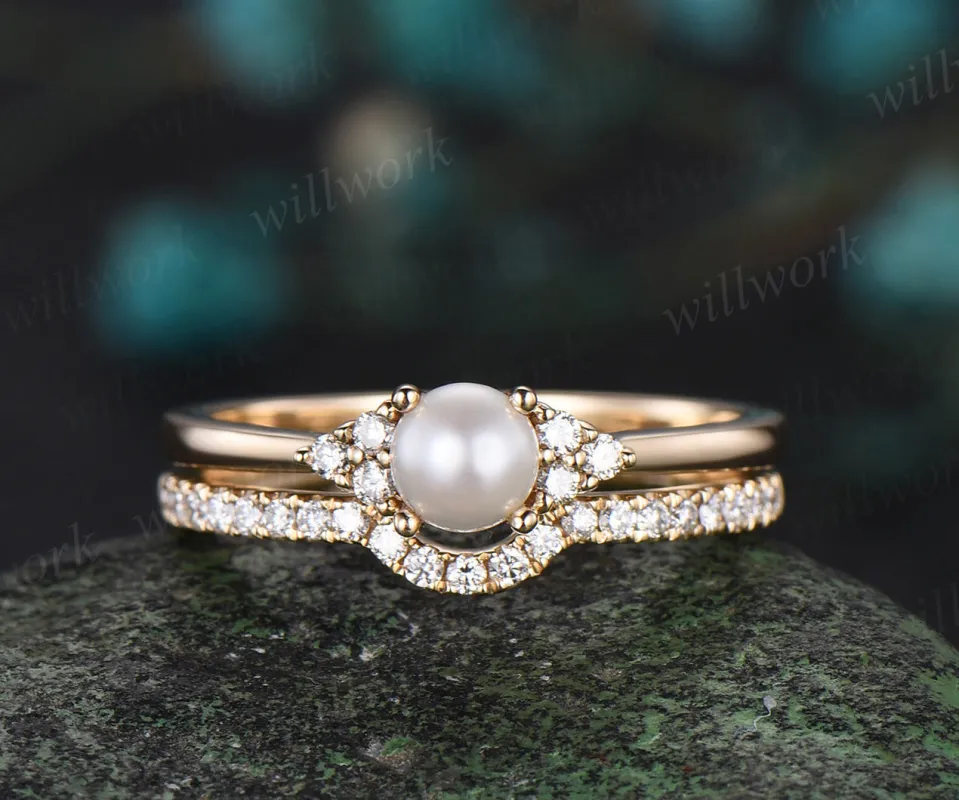 Dainty round pearl Engagement Ring Set solid 14k yellow gold Minimalist stakcing diamond bridal set women made by Willwork Jewelry