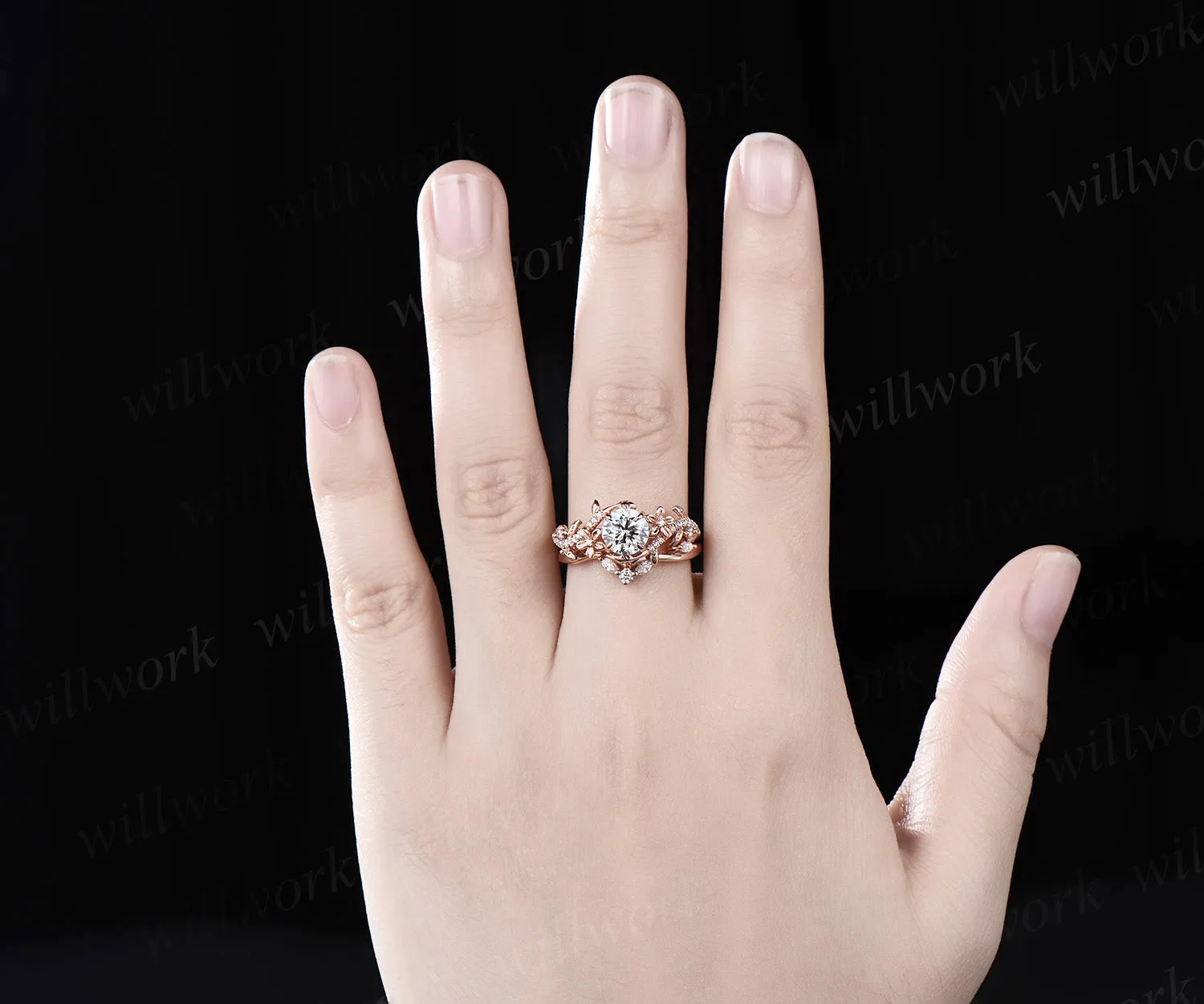 1 Carat Round IGI Lab Grown Diamond Ring 14k Rose Gold Flower Engagement Ring Set IGI Certified Diamond Wedding Ring Nature Entangled Vines Ring sold by Willwork Jewelry product image thumbnail 2