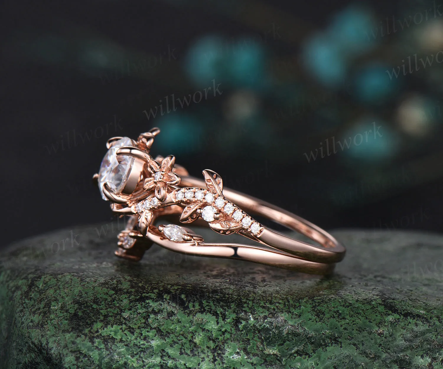 1 Carat Round IGI Lab Grown Diamond Ring 14k Rose Gold Flower Engagement Ring Set IGI Certified Diamond Wedding Ring Nature Entangled Vines Ring sold by Willwork Jewelry product image thumbnail 5