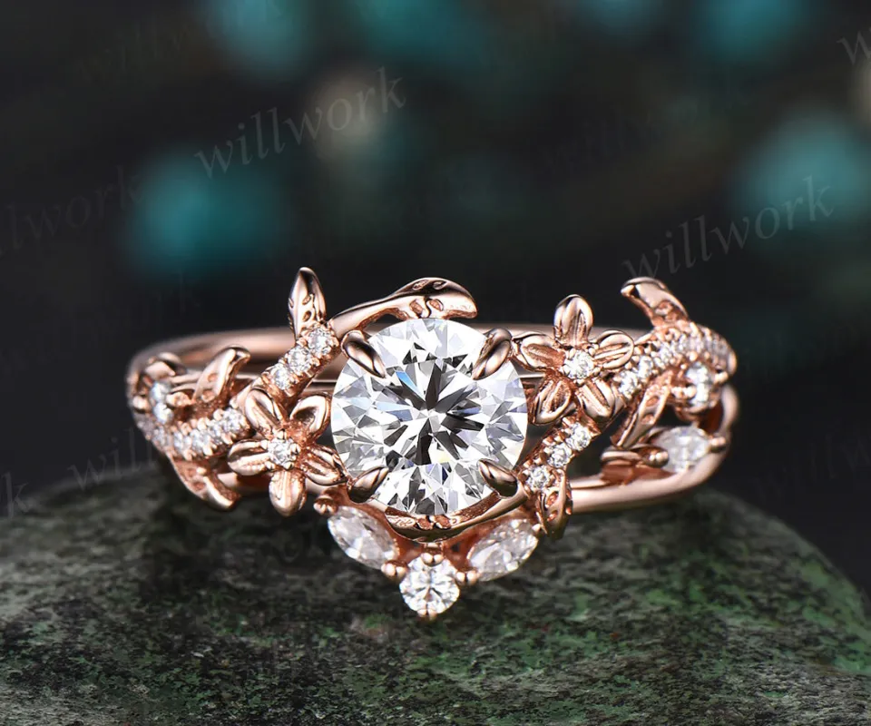 1 Carat Round IGI Lab Grown Diamond Ring 14k Rose Gold Flower Engagement Ring Set IGI Certified Diamond Wedding Ring Nature Entangled Vines Ring sold by Willwork Jewelry