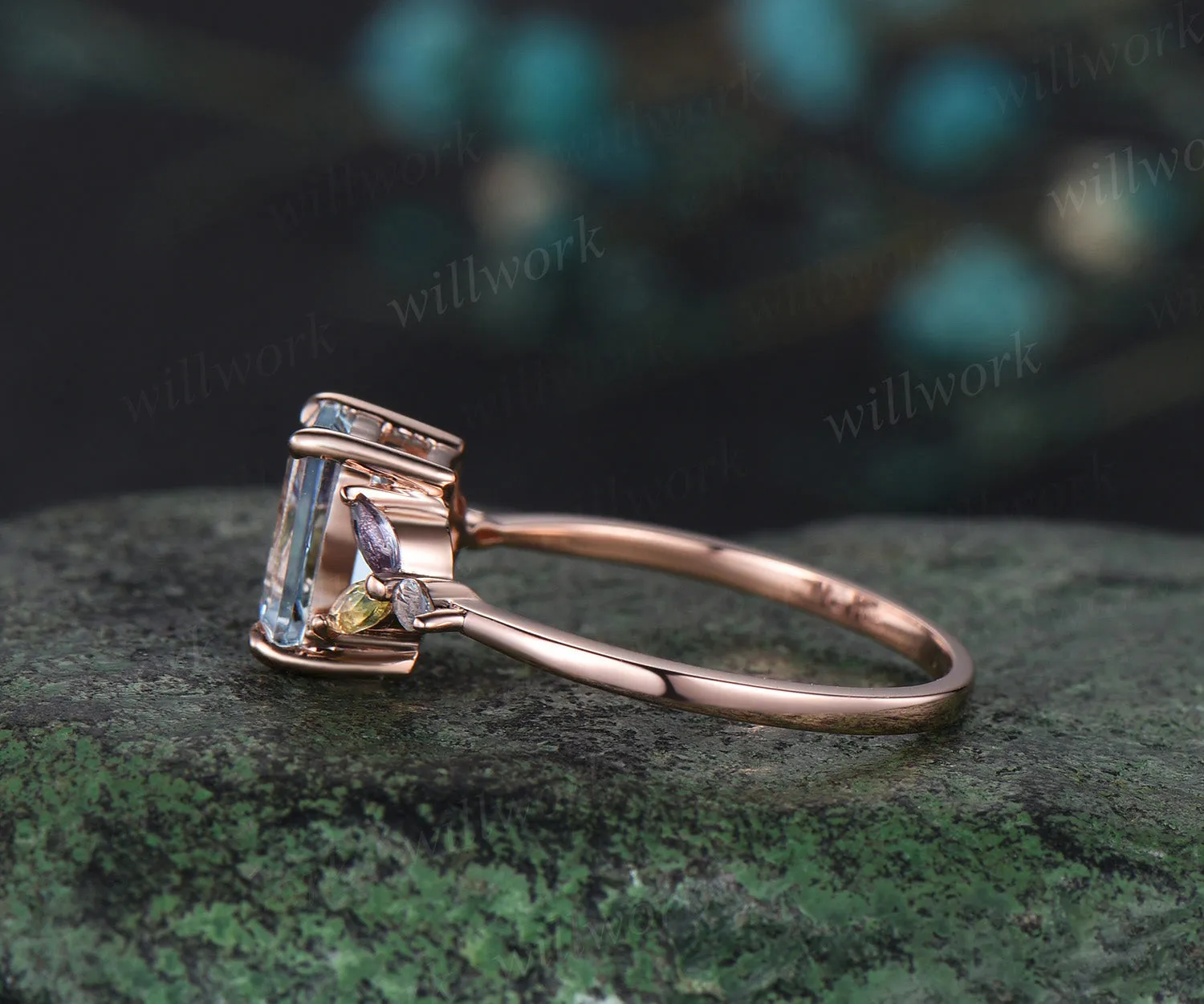 Emerald cut natural aquamarine engagement ring cluster alexandrite peridot ring 18k rose gold wedding ring gift sold by Willwork Jewelry product image thumbnail 4