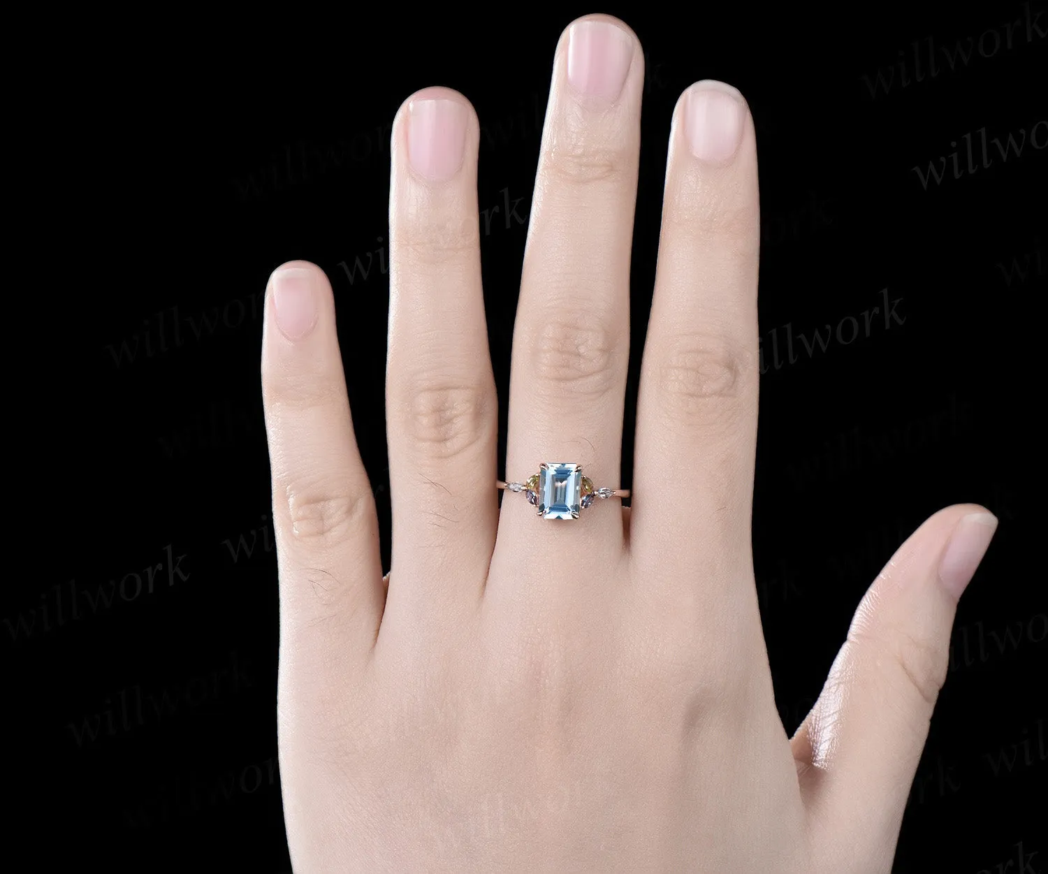 Emerald cut natural aquamarine engagement ring cluster alexandrite peridot ring 18k rose gold wedding ring gift sold by Willwork Jewelry product image thumbnail 3