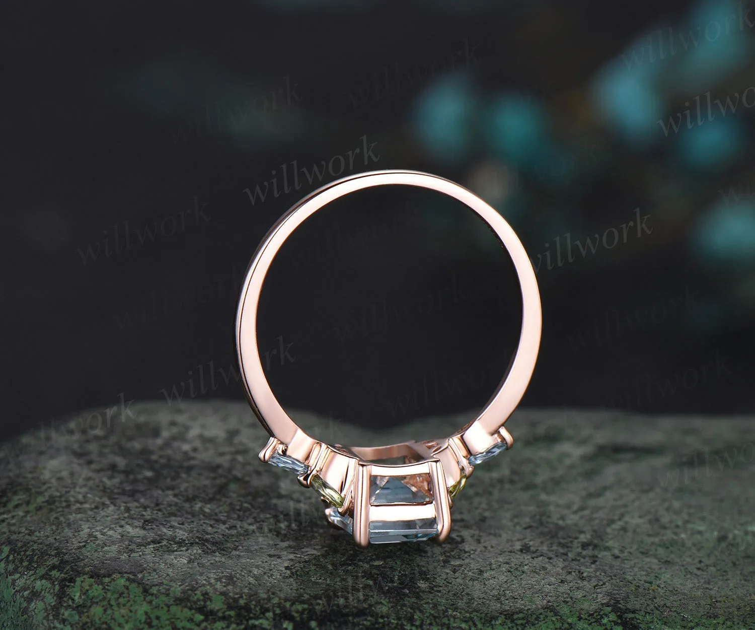 Emerald cut natural aquamarine engagement ring cluster alexandrite peridot ring 18k rose gold wedding ring gift sold by Willwork Jewelry product image thumbnail 5
