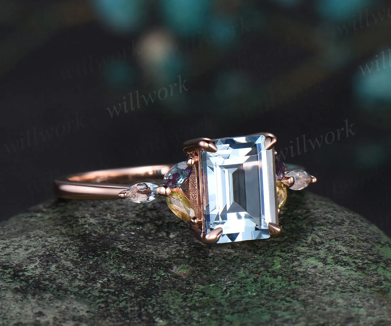 Emerald cut natural aquamarine engagement ring cluster alexandrite peridot ring 18k rose gold wedding ring gift sold by Willwork Jewelry product image thumbnail 2