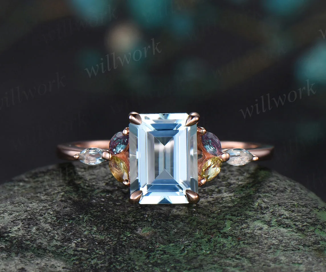 Emerald cut natural aquamarine engagement ring cluster alexandrite peridot ring 18k rose gold wedding ring gift sold by Willwork Jewelry