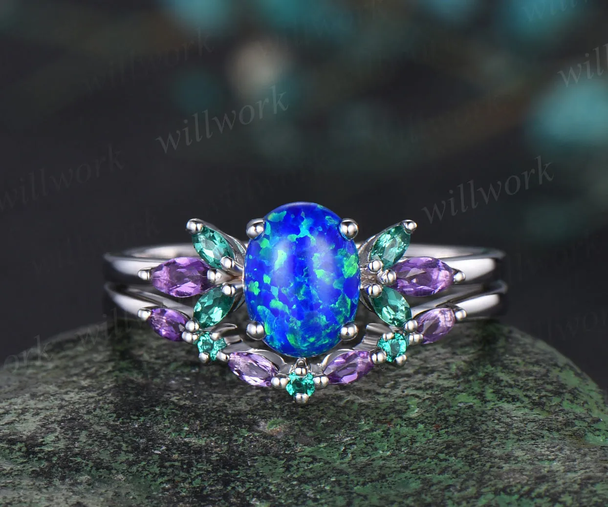 Blue Opal Wedding Ring Set Oval Opal Engagement Ring 14k White Gold Emerald Amethyst Promise Jewelry Anniversary Gift sold by Willwork Jewelry