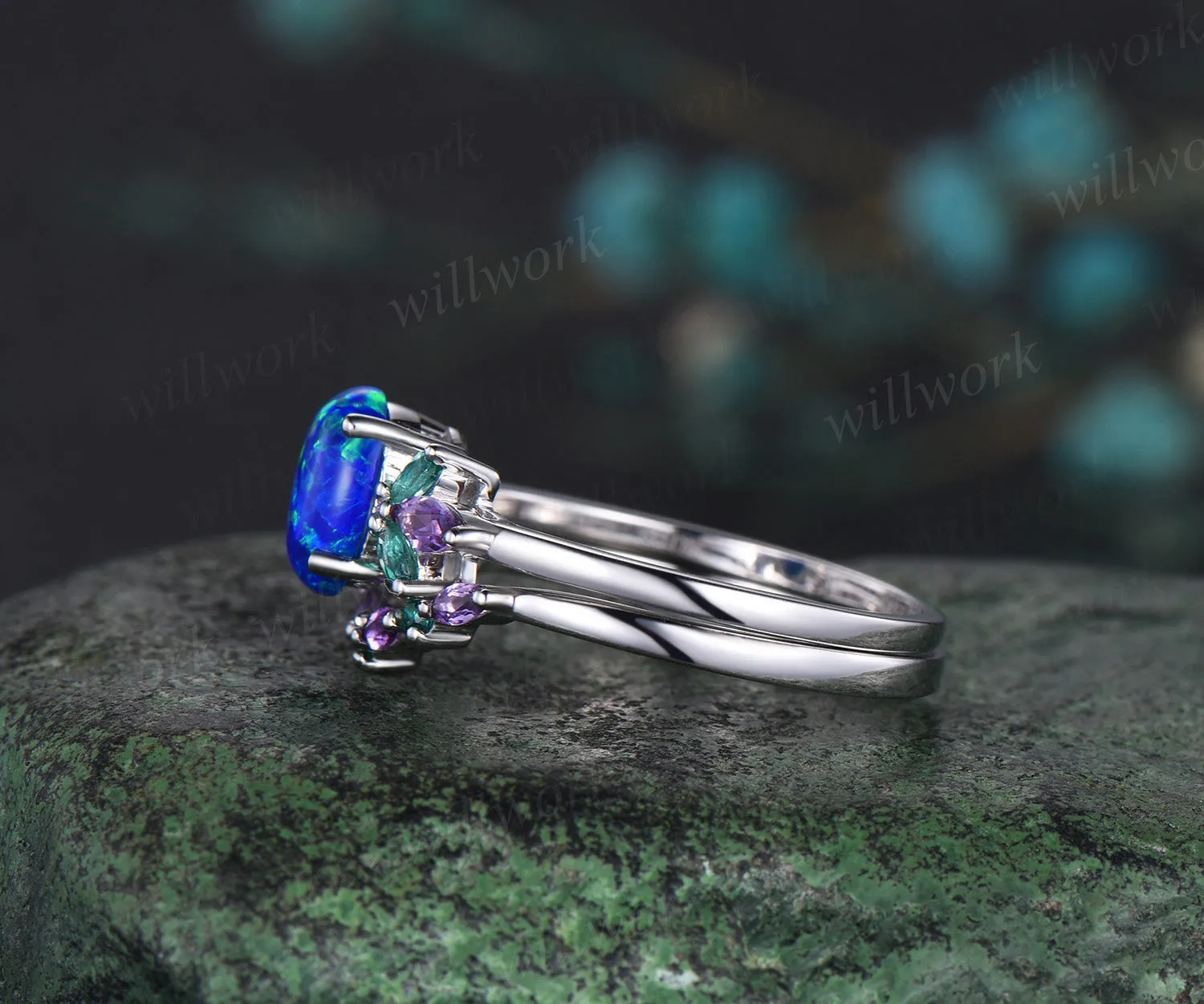 Blue Opal Wedding Ring Set Oval Opal Engagement Ring 14k White Gold Emerald Amethyst Promise Jewelry Anniversary Gift sold by Willwork Jewelry product image thumbnail 4