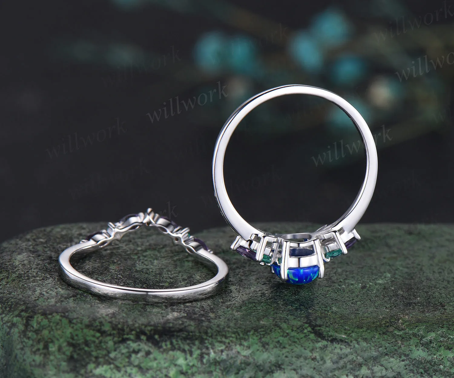 Blue Opal Wedding Ring Set Oval Opal Engagement Ring 14k White Gold Emerald Amethyst Promise Jewelry Anniversary Gift sold by Willwork Jewelry product image thumbnail 5