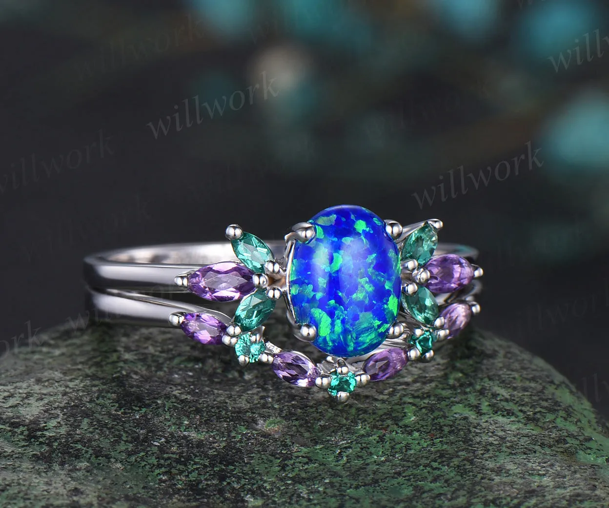 Blue Opal Wedding Ring Set Oval Opal Engagement Ring 14k White Gold Emerald Amethyst Promise Jewelry Anniversary Gift sold by Willwork Jewelry product image thumbnail 2