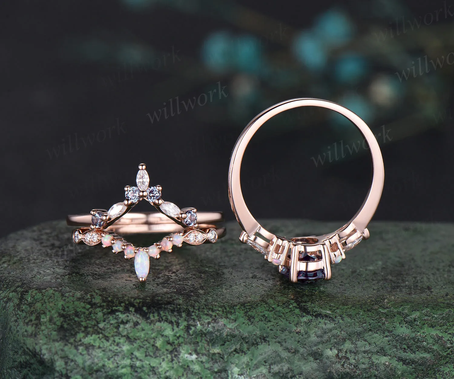 3pc oval cut alexandrite bridal set 18k rose gold alexandrite engagement ring set marquise opal stacking wedding set women sold by Willwork Jewelry product image thumbnail 4