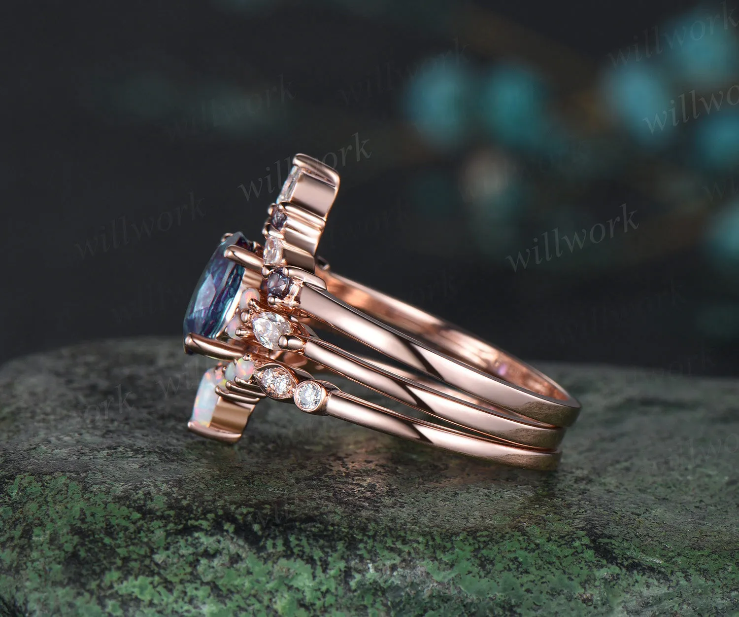 3pc oval cut alexandrite bridal set 18k rose gold alexandrite engagement ring set marquise opal stacking wedding set women sold by Willwork Jewelry product image thumbnail 5