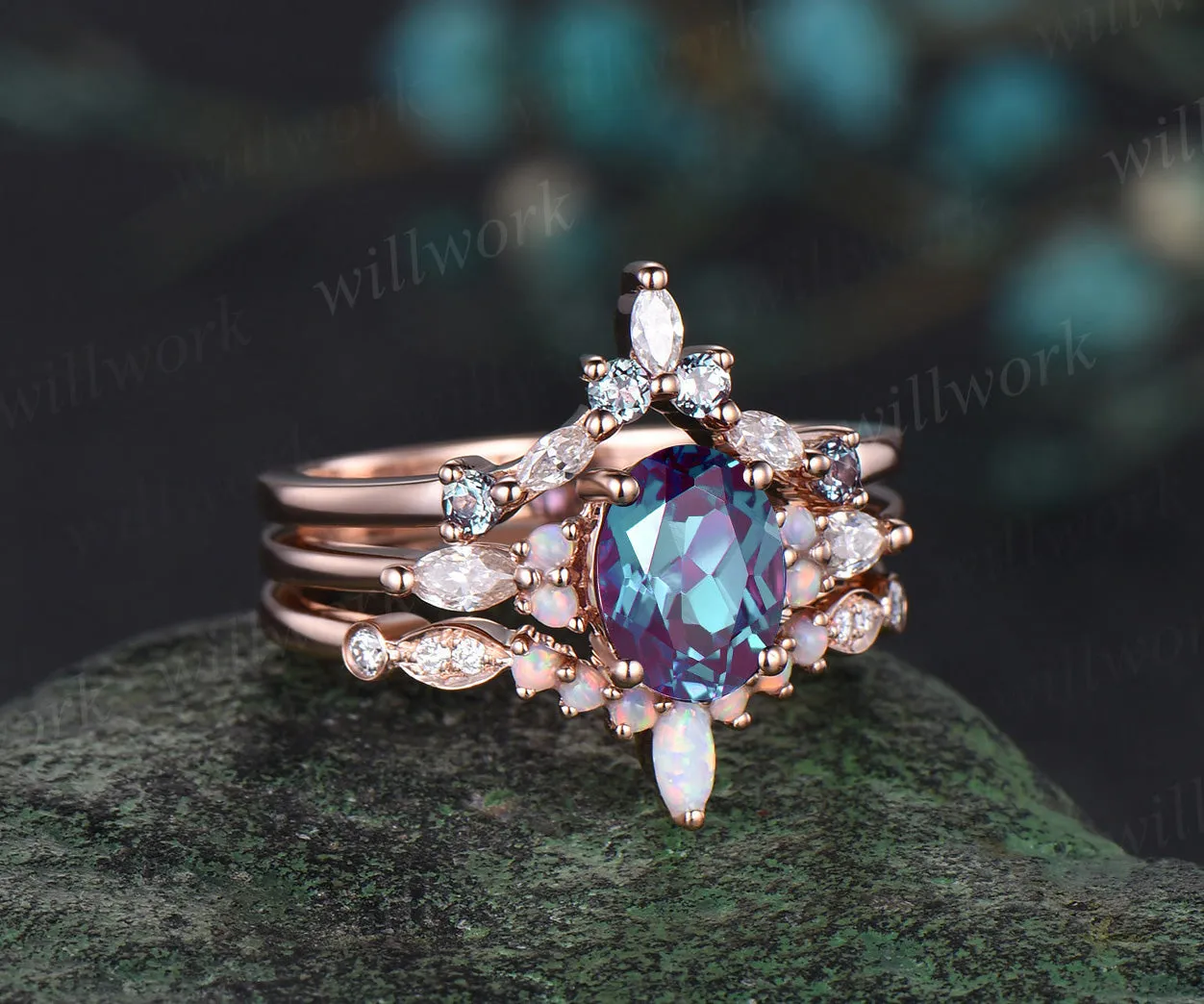 3pc oval cut alexandrite bridal set 18k rose gold alexandrite engagement ring set marquise opal stacking wedding set women sold by Willwork Jewelry product image thumbnail 2