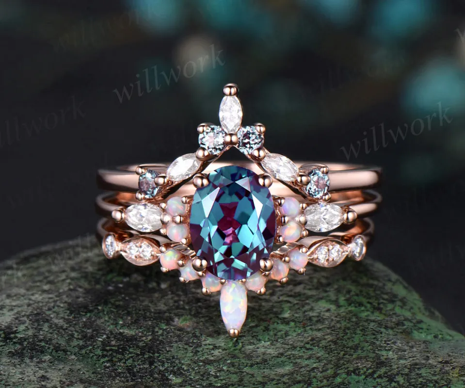 3pc oval cut alexandrite bridal set 18k rose gold alexandrite engagement ring set marquise opal stacking wedding set women sold by Willwork Jewelry