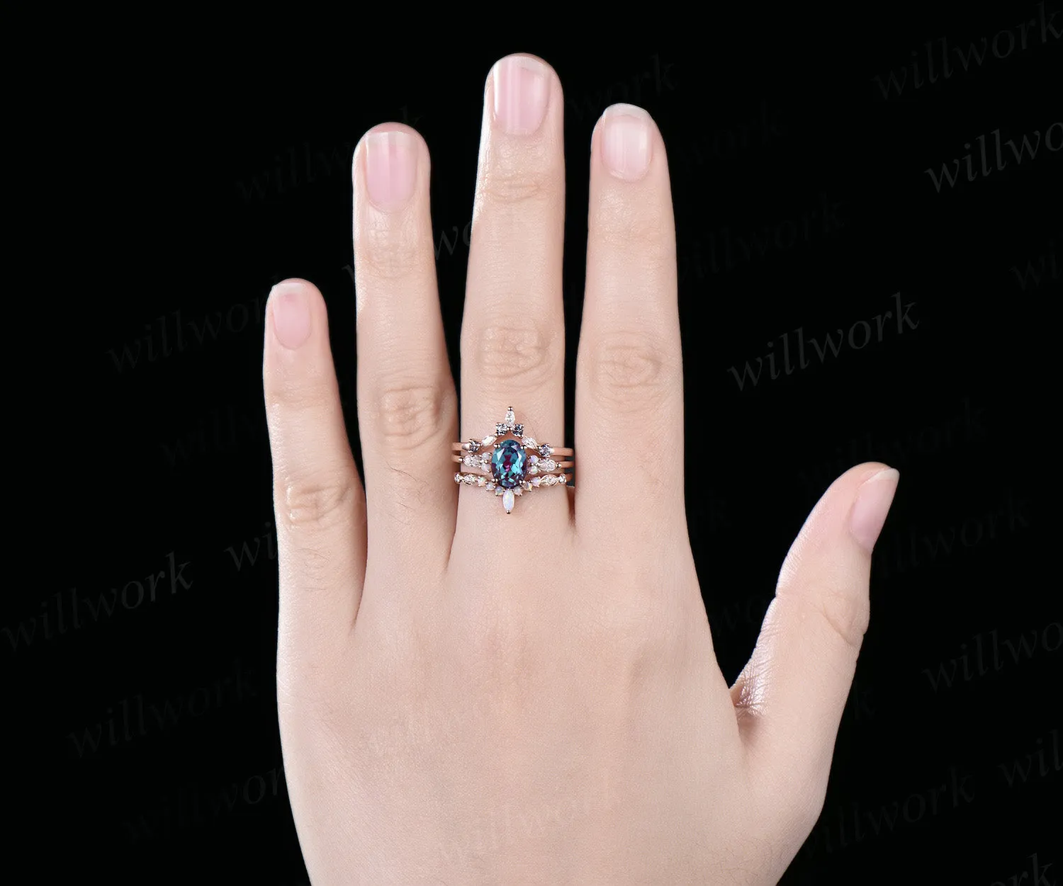 3pc oval cut alexandrite bridal set 18k rose gold alexandrite engagement ring set marquise opal stacking wedding set women sold by Willwork Jewelry product image thumbnail 3