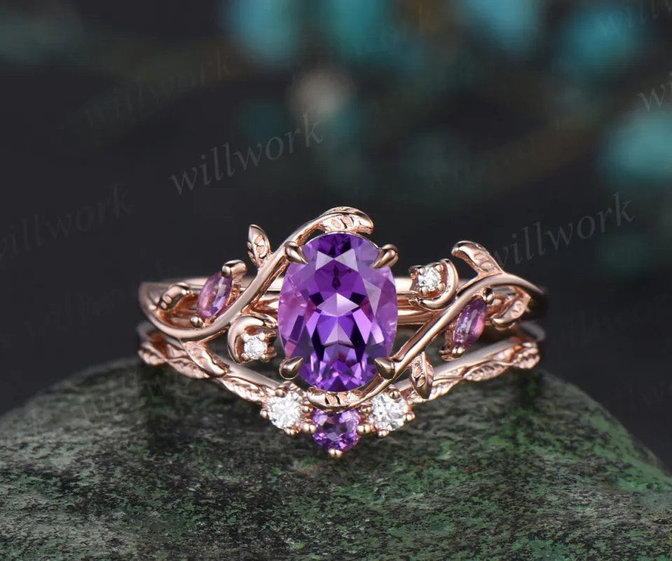 Oval Cut Natural Amethyst Engagement Ring Set February Birthstone Amethyst Moon Ring Leaf Nature Inspired 2pcs Bridal Ring Set sold by Willwork Jewelry