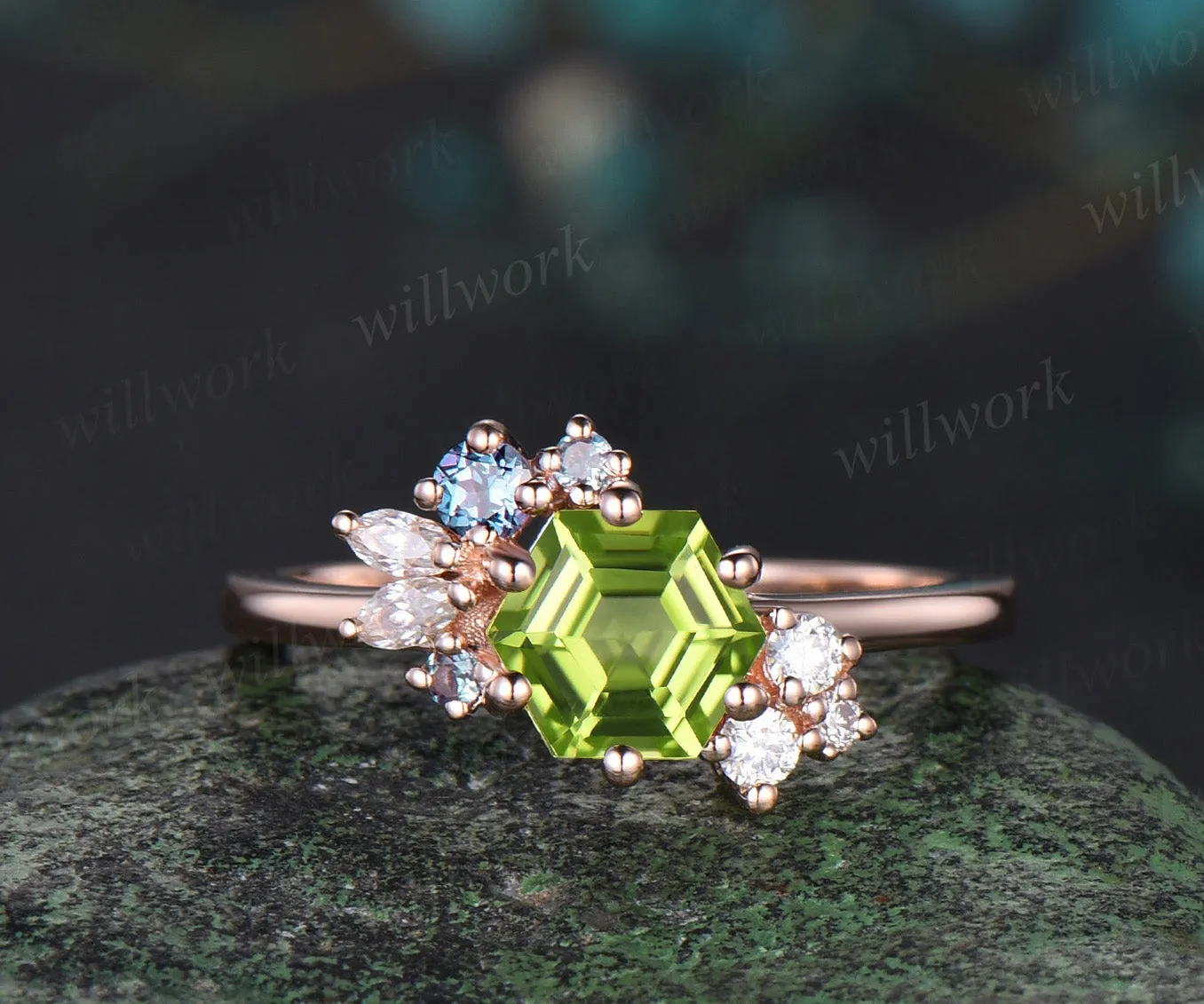 Hexagon cut natural peridot ring rose gold unique cluster engagement ring 6 prong alexandrite diamond anniversary ring jewelry sold by Willwork Jewelry