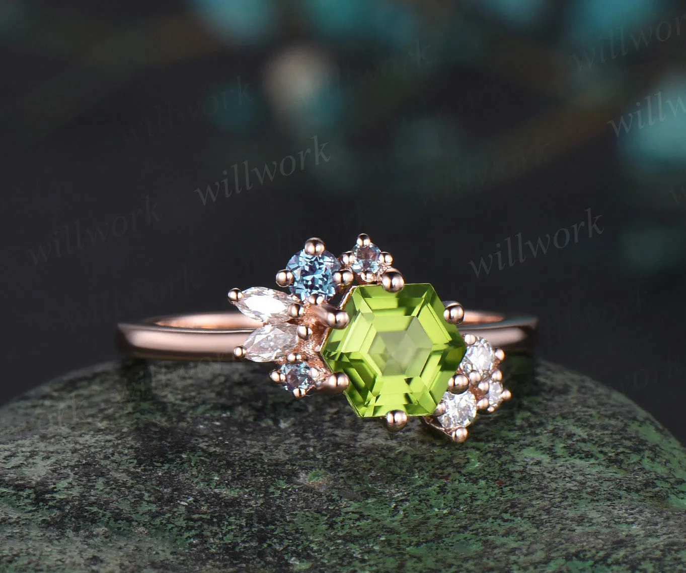 Hexagon cut natural peridot ring rose gold unique cluster engagement ring 6 prong alexandrite diamond anniversary ring jewelry sold by Willwork Jewelry product image thumbnail 2