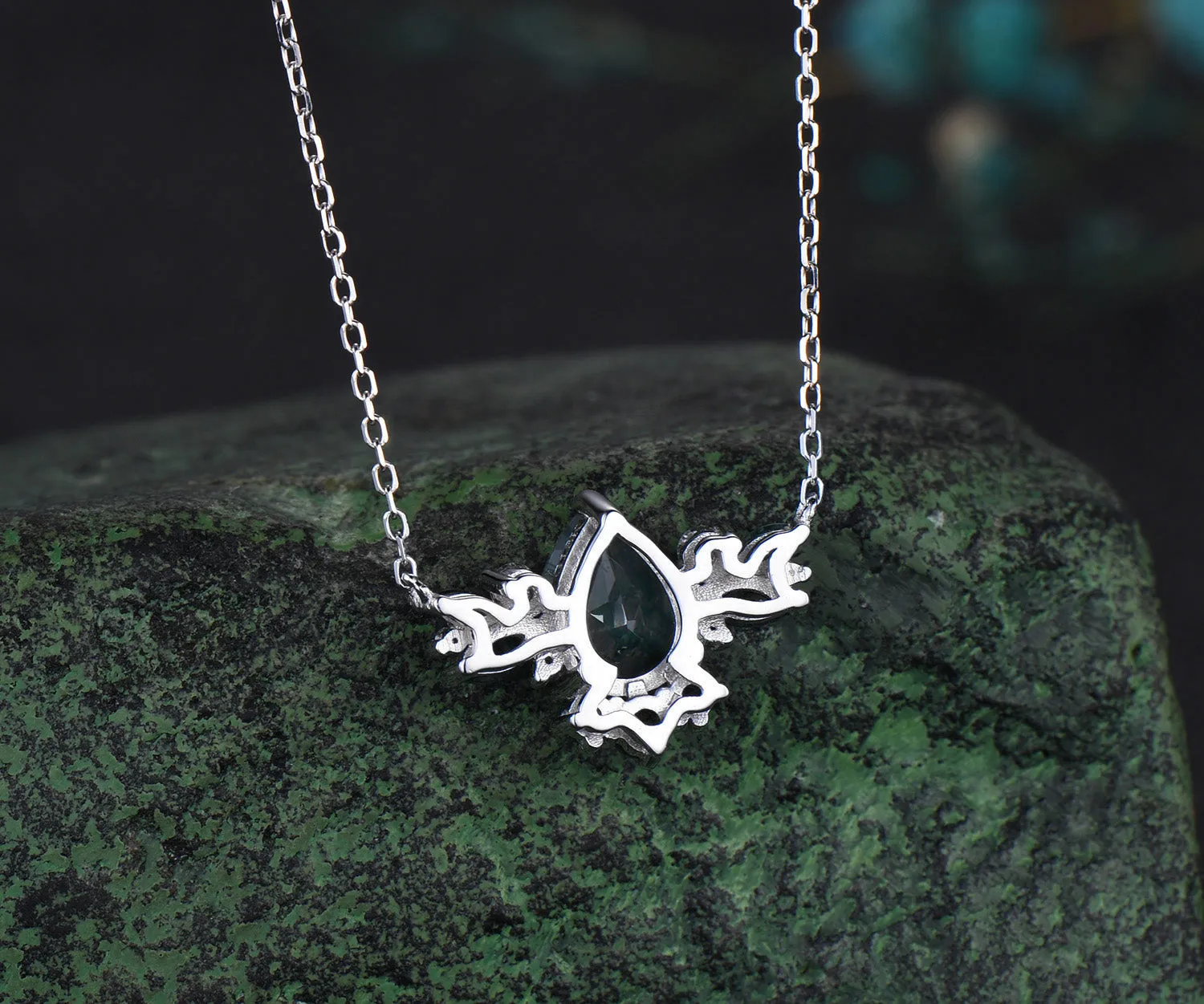 Natural Pear Moss Agate Necklace 14K/18K Rose Gold Green Gemstone Necklace Vintage Cluster Marquise Moss Agate Moissanite Butterfly Pendant sold by Willwork Jewelry product image thumbnail 4