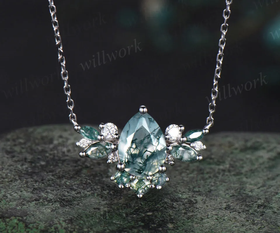 Natural Pear Moss Agate Necklace 14K/18K Rose Gold Green Gemstone Necklace Vintage Cluster Marquise Moss Agate Moissanite Butterfly Pendant sold by Willwork Jewelry