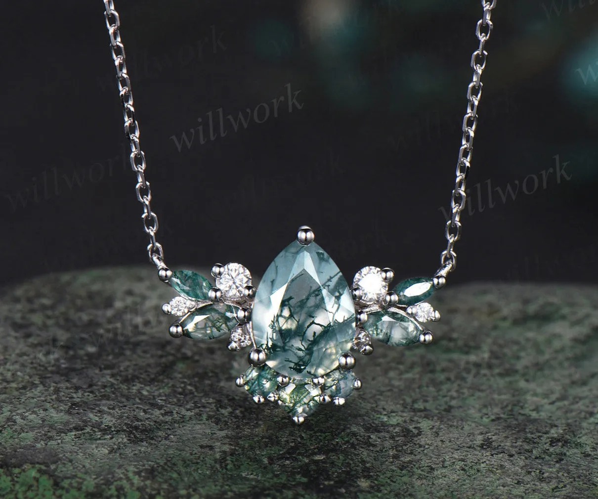 Natural Pear Moss Agate Necklace 14K/18K Rose Gold Green Gemstone Necklace Vintage Cluster Marquise Moss Agate Moissanite Butterfly Pendant sold by Willwork Jewelry