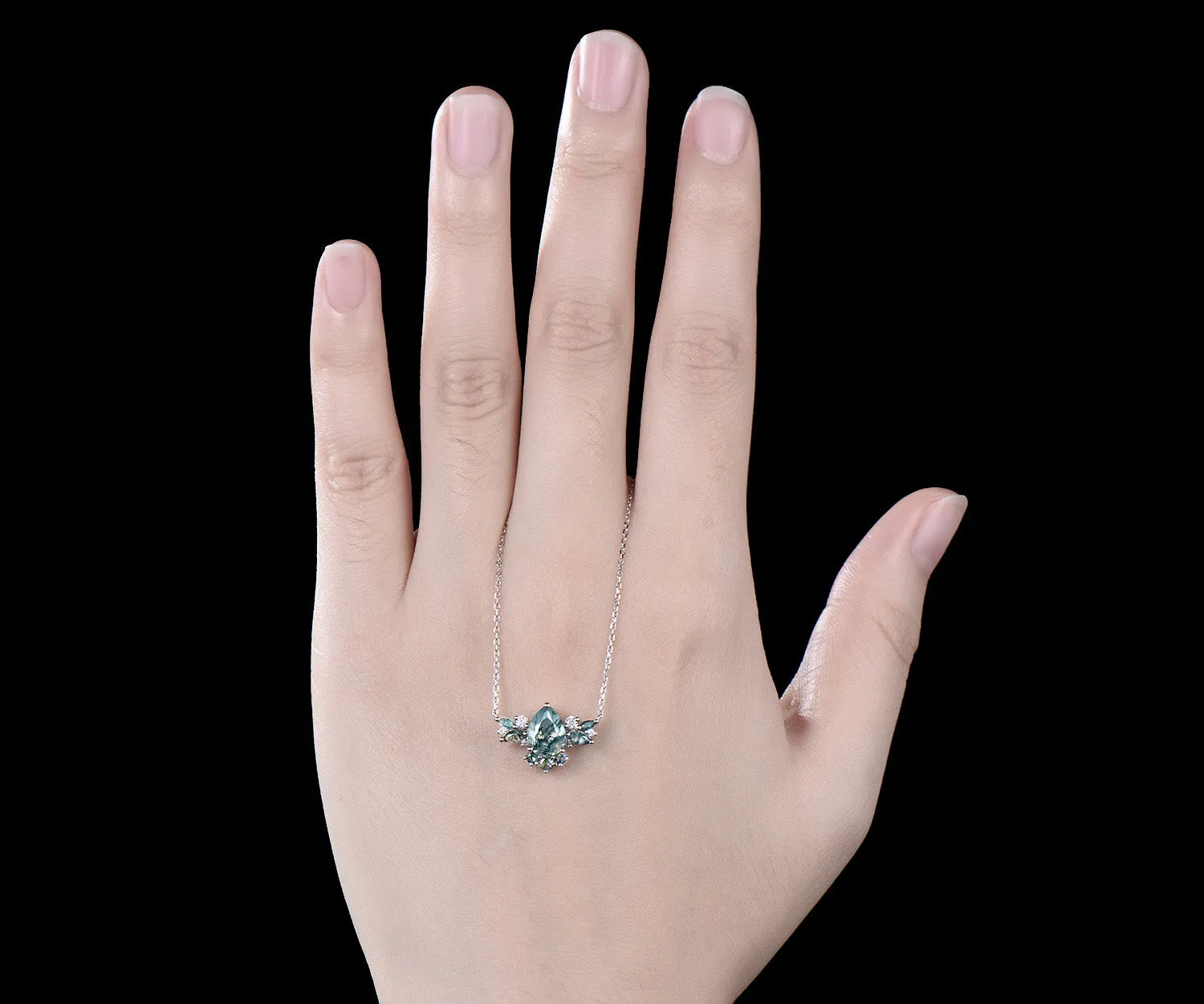 Natural Pear Moss Agate Necklace 14K/18K Rose Gold Green Gemstone Necklace Vintage Cluster Marquise Moss Agate Moissanite Butterfly Pendant sold by Willwork Jewelry product image thumbnail 2