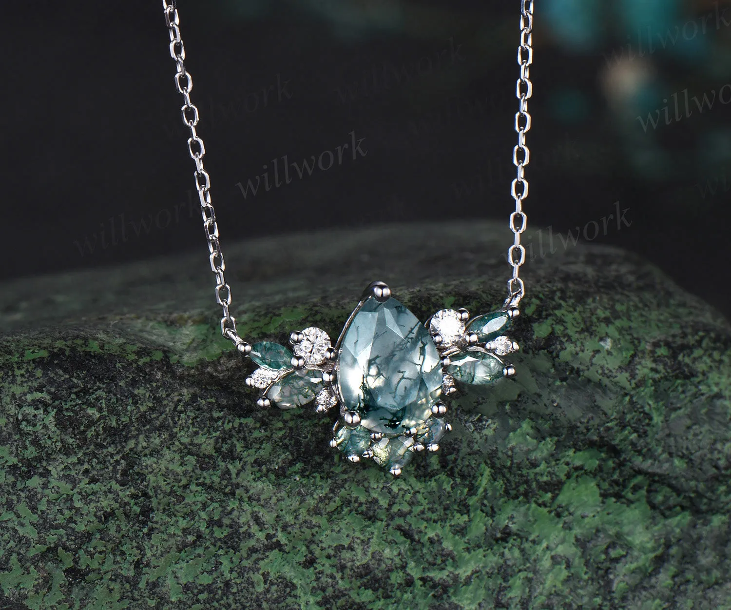 Natural Pear Moss Agate Necklace 14K/18K Rose Gold Green Gemstone Necklace Vintage Cluster Marquise Moss Agate Moissanite Butterfly Pendant sold by Willwork Jewelry product image thumbnail 3