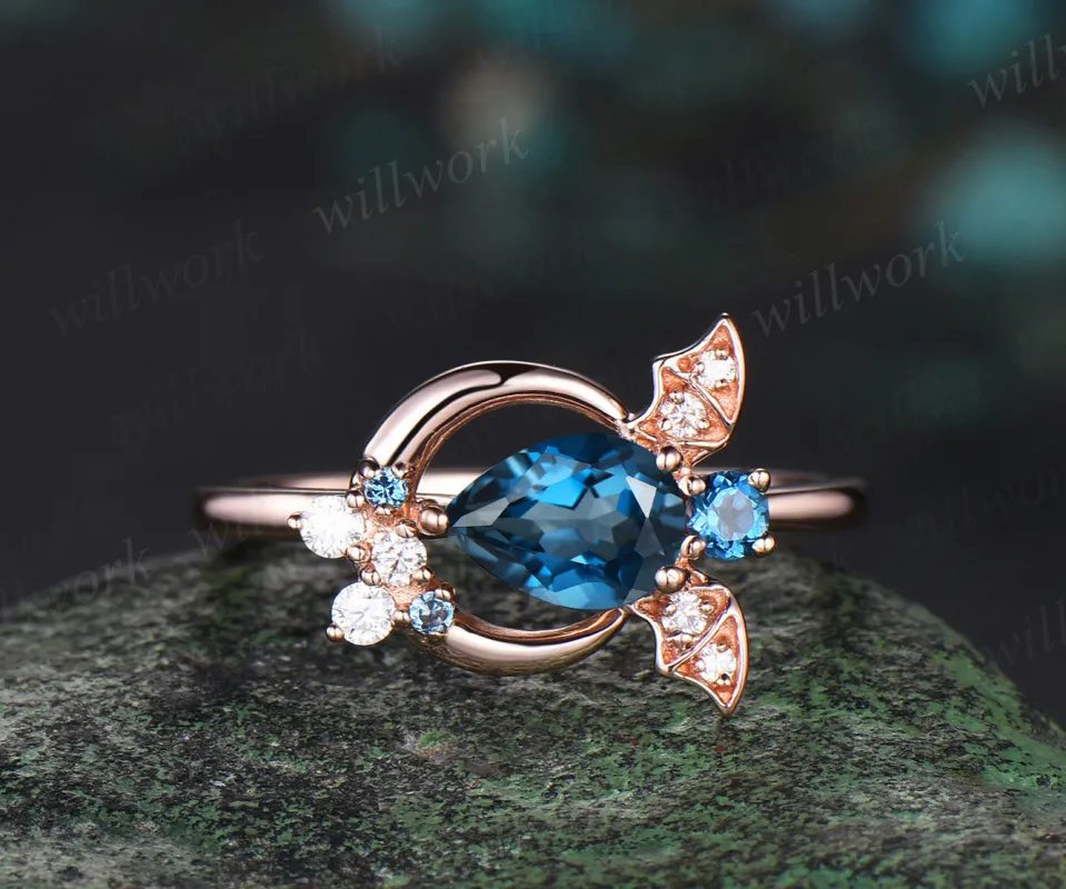 Pear London blue topaz ring vintage unique moon bat engagement ring cluster diamond ring women east to west anniversary wedding ring gift made by Willwork Jewelry
