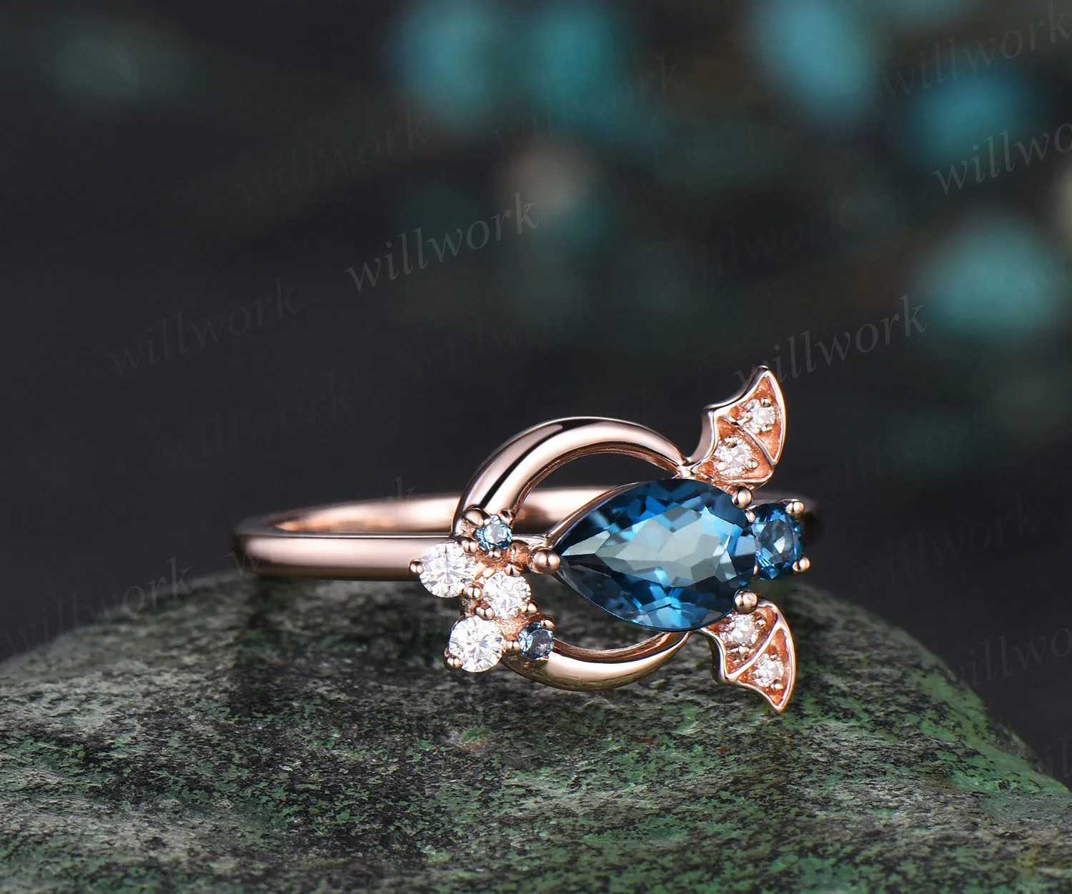 Pear London blue topaz ring vintage unique moon bat engagement ring cluster diamond ring women east to west anniversary wedding ring gift sold by Willwork Jewelry product image thumbnail 2