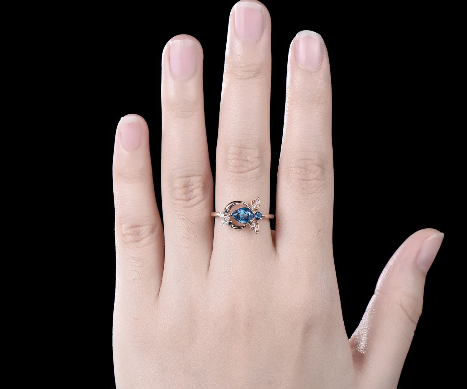 Pear London blue topaz ring vintage unique moon bat engagement ring cluster diamond ring women east to west anniversary wedding ring gift sold by Willwork Jewelry product image thumbnail 3