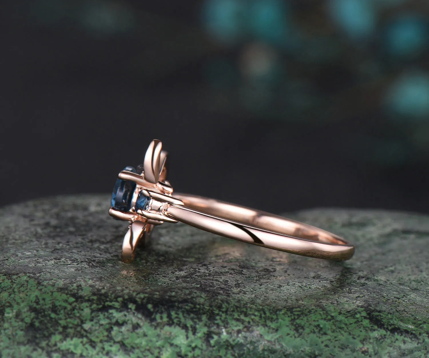 Pear London blue topaz ring vintage unique moon bat engagement ring cluster diamond ring women east to west anniversary wedding ring gift sold by Willwork Jewelry product image thumbnail 4