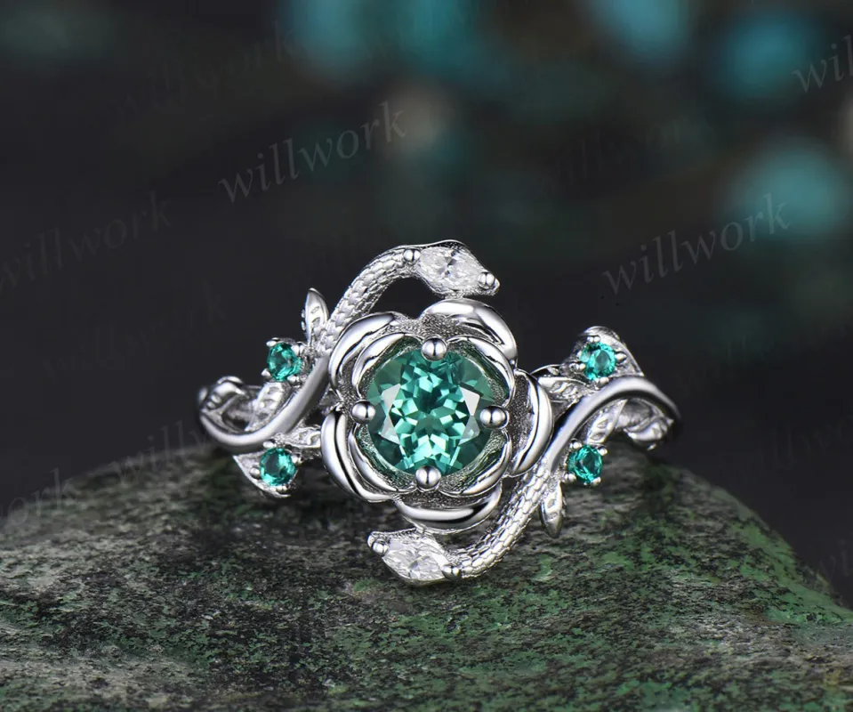 Round cut green sapphire ring vintage leaf floral double snake engagement ring 18k white gold emerald wedding ring women sold by Willwork Jewelry