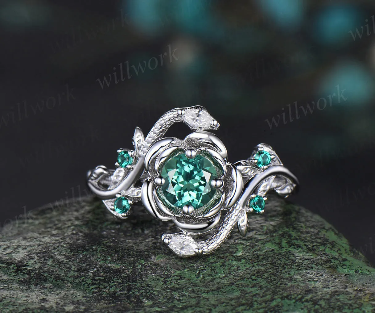 Round cut green sapphire ring vintage leaf floral double snake engagement ring 18k white gold emerald wedding ring women sold by Willwork Jewelry