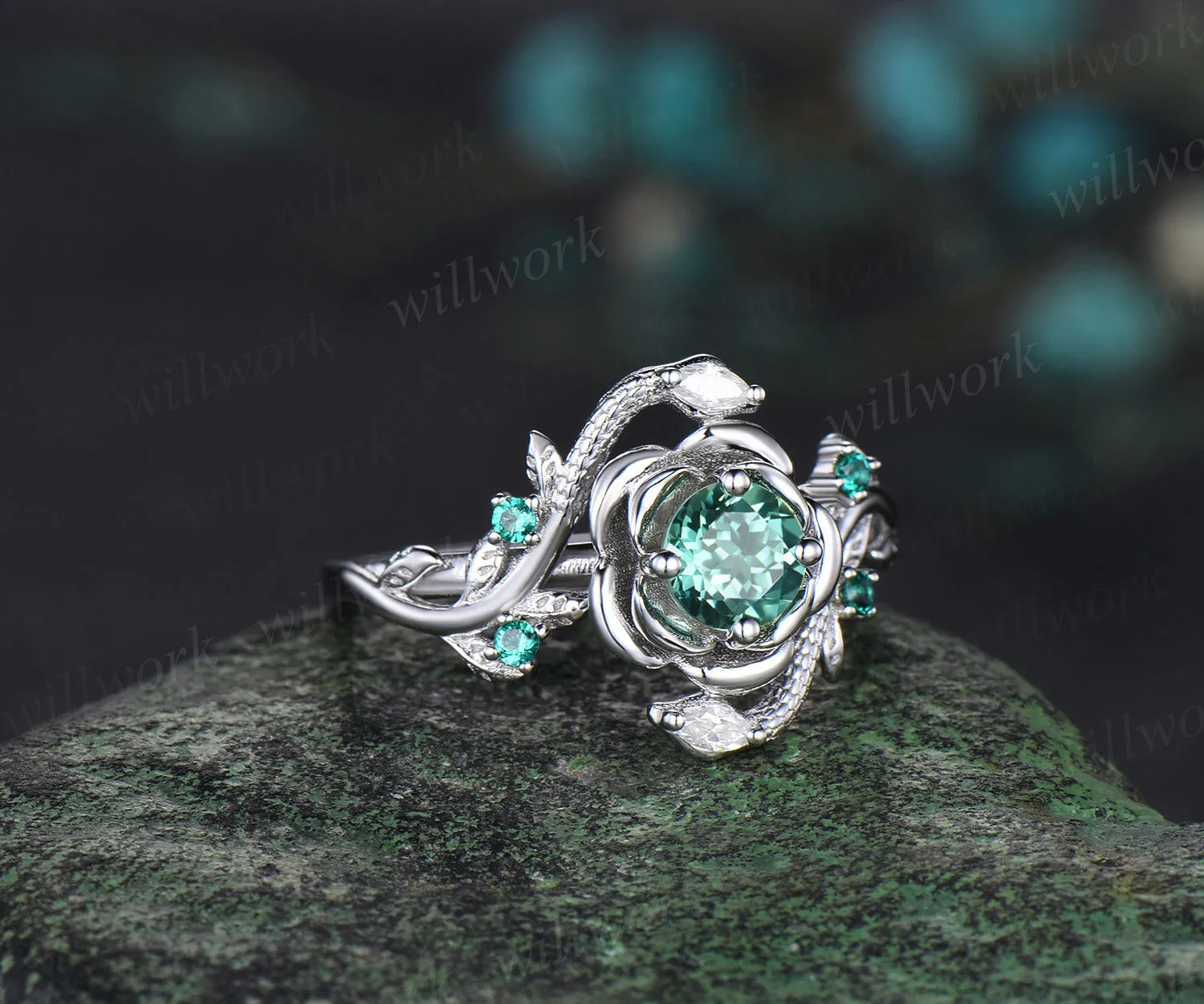 Round cut green sapphire ring vintage leaf floral double snake engagement ring 18k white gold emerald wedding ring women sold by Willwork Jewelry product image thumbnail 2