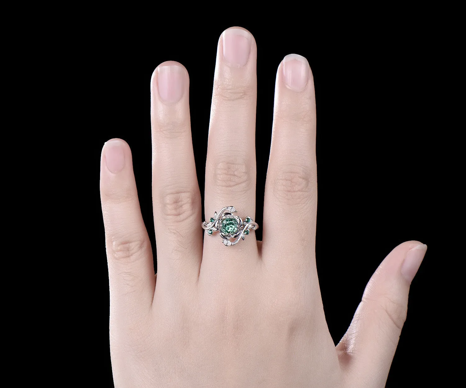 Round cut green sapphire ring vintage leaf floral double snake engagement ring 18k white gold emerald wedding ring women sold by Willwork Jewelry product image thumbnail 3