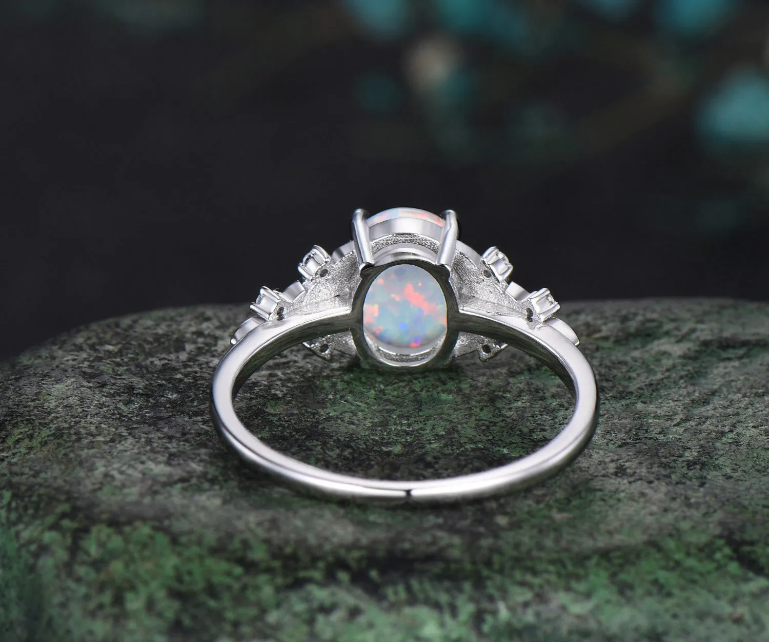 Oval opal ring vintage white gold leaf engagement ring Trilliant amethyst cluster moissanite wedding ring gift sold by Willwork Jewelry product image thumbnail 5
