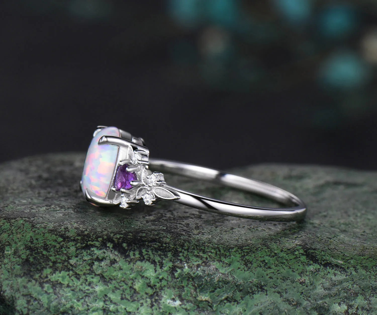 Oval opal ring vintage white gold leaf engagement ring Trilliant amethyst cluster moissanite wedding ring gift sold by Willwork Jewelry product image thumbnail 4