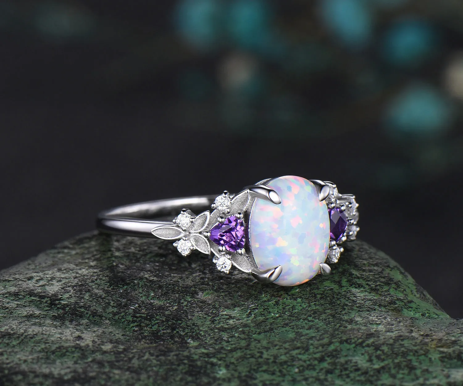Oval opal ring vintage white gold leaf engagement ring Trilliant amethyst cluster moissanite wedding ring gift sold by Willwork Jewelry product image thumbnail 2