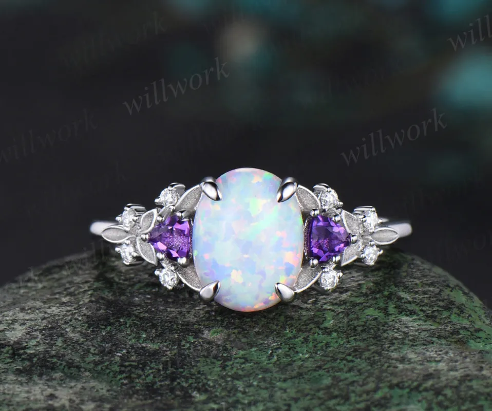Oval opal ring vintage white gold leaf engagement ring Trilliant amethyst cluster moissanite wedding ring gift sold by Willwork Jewelry
